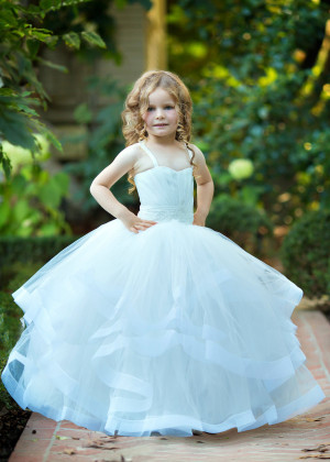 Spaghetti Straps White Tulle Ruffle Long Flower Girl Dress